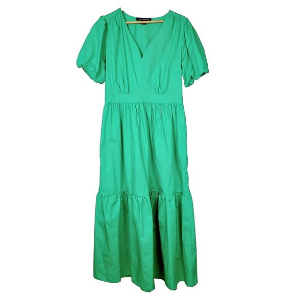 French Connection Dress L Kelly Green Puff Sleeve V-Neck A-Line‎ Tiered Midi - Picture 1 of 12